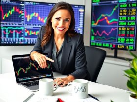 Confident woman analyzing stock charts on laptop for profitable trading strategies at LearnAcdmy.com