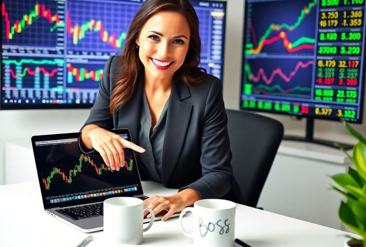 Confident woman analyzing stock charts on laptop for profitable trading strategies at LearnAcdmy.com