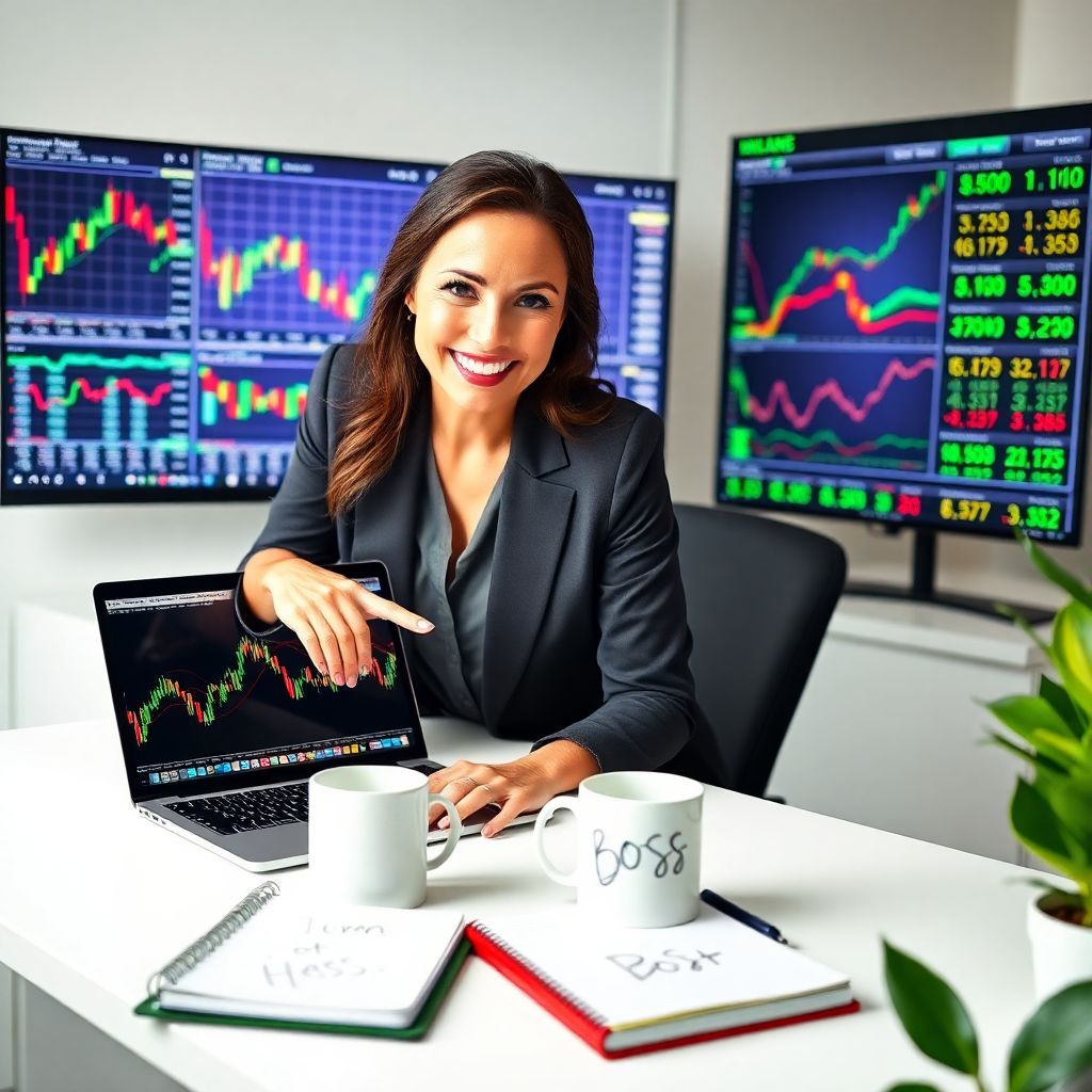 Confident woman analyzing stock charts on laptop for profitable trading strategies at LearnAcdmy.com