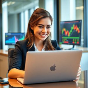 A confident woman analyzing stock charts on her laptop, smiling as she discovers profitable trading opportunities.