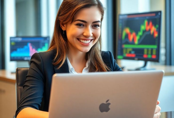 A confident woman analyzing stock charts on her laptop, smiling as she discovers profitable trading opportunities.