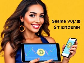 Beautiful woman holding a smartphone displaying cryptocurrency charts, symbolizing excitement and opportunity with the $TRUMP memecoin investment.