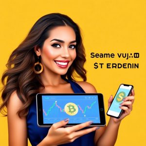 Beautiful woman holding a smartphone displaying cryptocurrency charts, symbolizing excitement and opportunity with the $TRUMP memecoin investment.