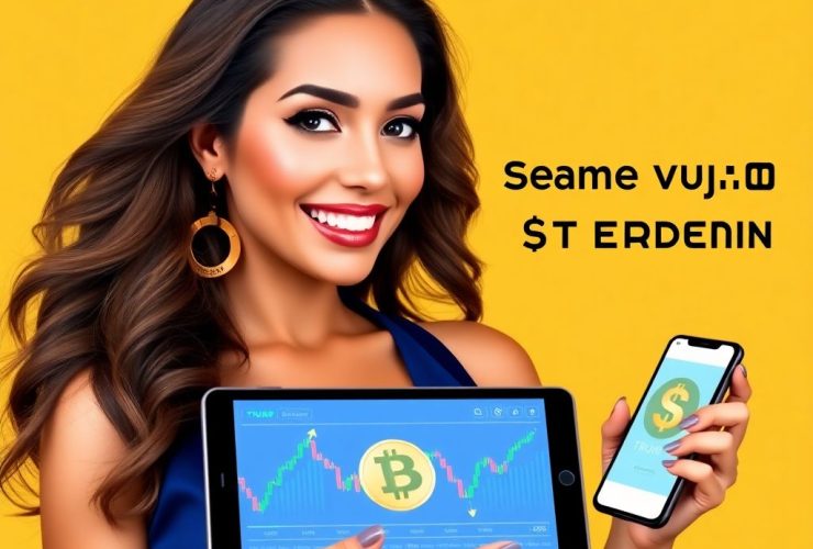 Beautiful woman holding a smartphone displaying cryptocurrency charts, symbolizing excitement and opportunity with the $TRUMP memecoin investment.