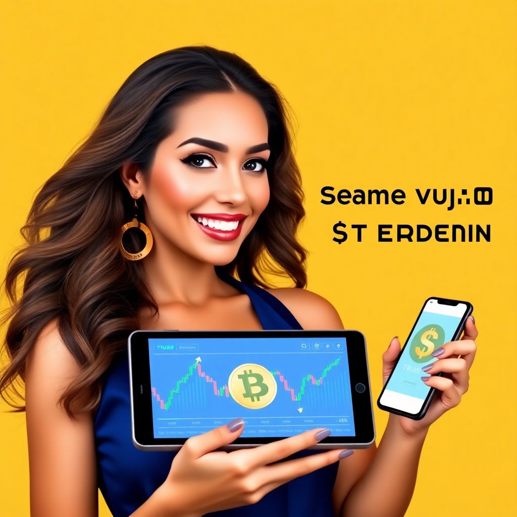 Beautiful woman holding a smartphone displaying cryptocurrency charts, symbolizing excitement and opportunity with the $TRUMP memecoin investment.