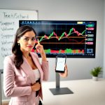 Professional female trader analyzes stock charts with Fibonacci retracement, volume indicators, and moving averages for confident trading decisions.