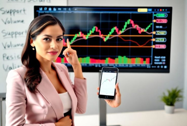 Professional female trader analyzes stock charts with Fibonacci retracement, volume indicators, and moving averages for confident trading decisions.