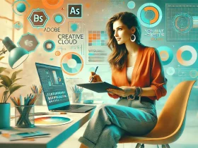 A stylish woman using a laptop with creative tools in the background, representing the vibrant design community on Behance. Text overlay reads: '2025 Behance Review: Your Next Big Opportunity Awaits'.