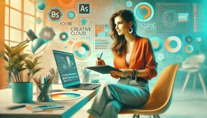 A stylish woman using a laptop with creative tools in the background, representing the vibrant design community on Behance. Text overlay reads: '2025 Behance Review: Your Next Big Opportunity Awaits'.