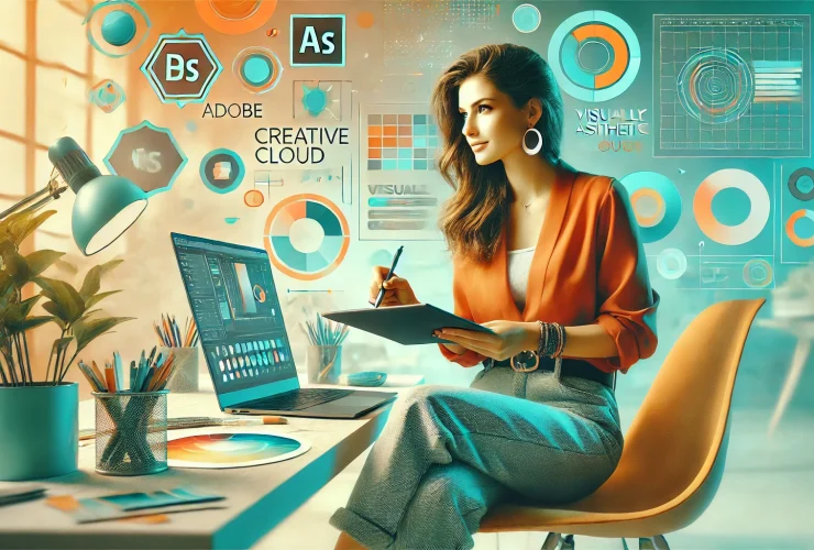 A stylish woman using a laptop with creative tools in the background, representing the vibrant design community on Behance. Text overlay reads: '2025 Behance Review: Your Next Big Opportunity Awaits'.