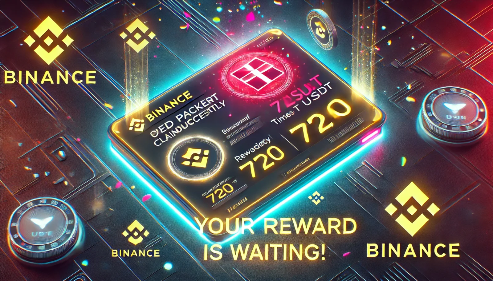 Binance payment proof featuring a successful 720 USDT reward claim via red packet, with glowing effects and a 'Claim Now