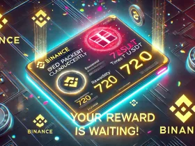 Binance payment proof featuring a successful 720 USDT reward claim via red packet, with glowing effects and a 'Claim Now