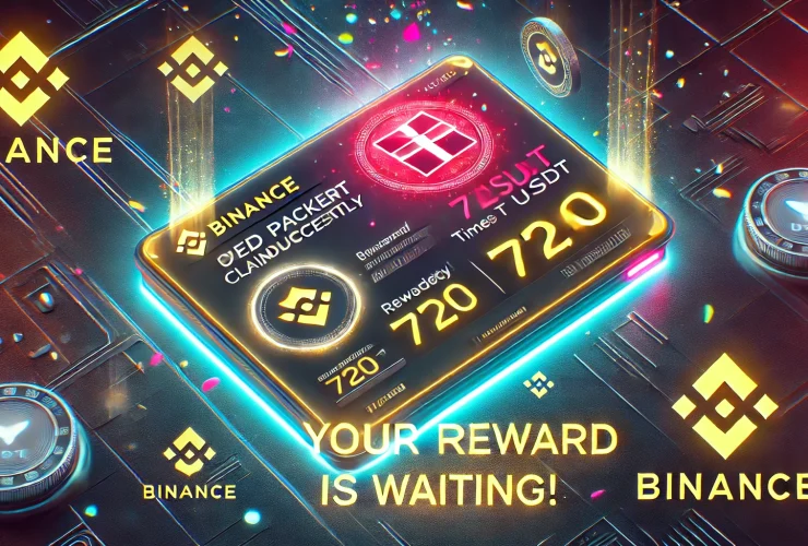 Binance payment proof featuring a successful 720 USDT reward claim via red packet, with glowing effects and a 'Claim Now