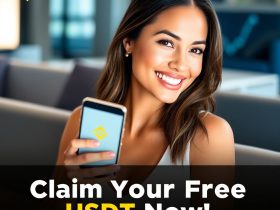 Beautiful woman smiling while holding a smartphone displaying the Binance app, showcasing how to claim free USDT using red packet codes.