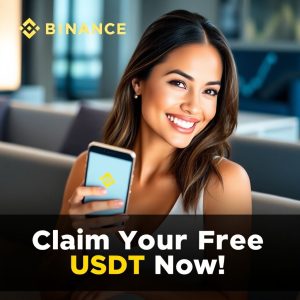 Beautiful woman smiling while holding a smartphone displaying the Binance app, showcasing how to claim free USDT using red packet codes.