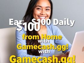 A beautiful, smiling woman earning money online from home, using her laptop to access Gamecash.gg, a platform to make $100 daily through simple tasks and games.