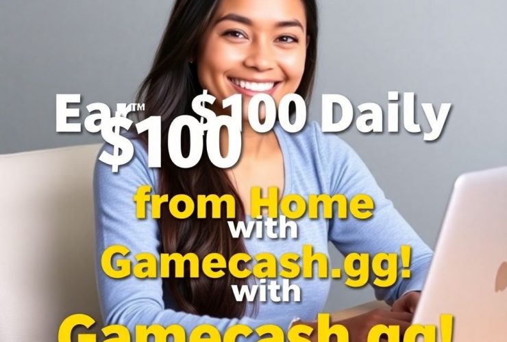 A beautiful, smiling woman earning money online from home, using her laptop to access Gamecash.gg, a platform to make $100 daily through simple tasks and games.