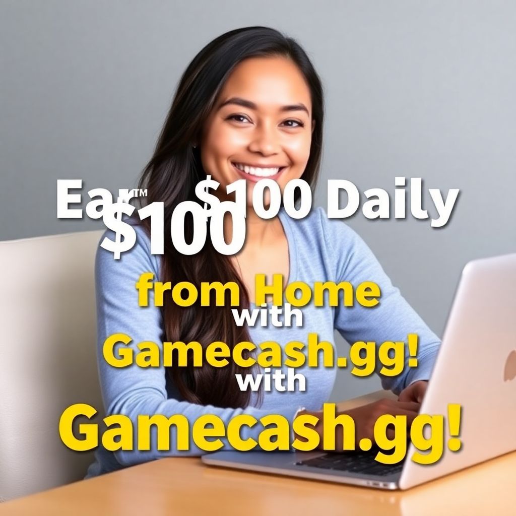 A beautiful, smiling woman earning money online from home, using her laptop to access Gamecash.gg, a platform to make $100 daily through simple tasks and games.