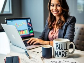 Confident woman analyzing stock charts on laptop for successful trading strategies.