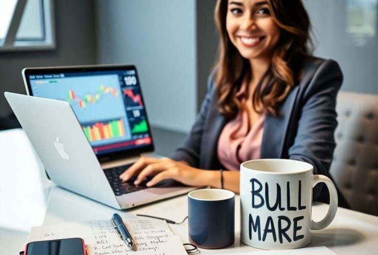 Confident woman analyzing stock charts on laptop for successful trading strategies.