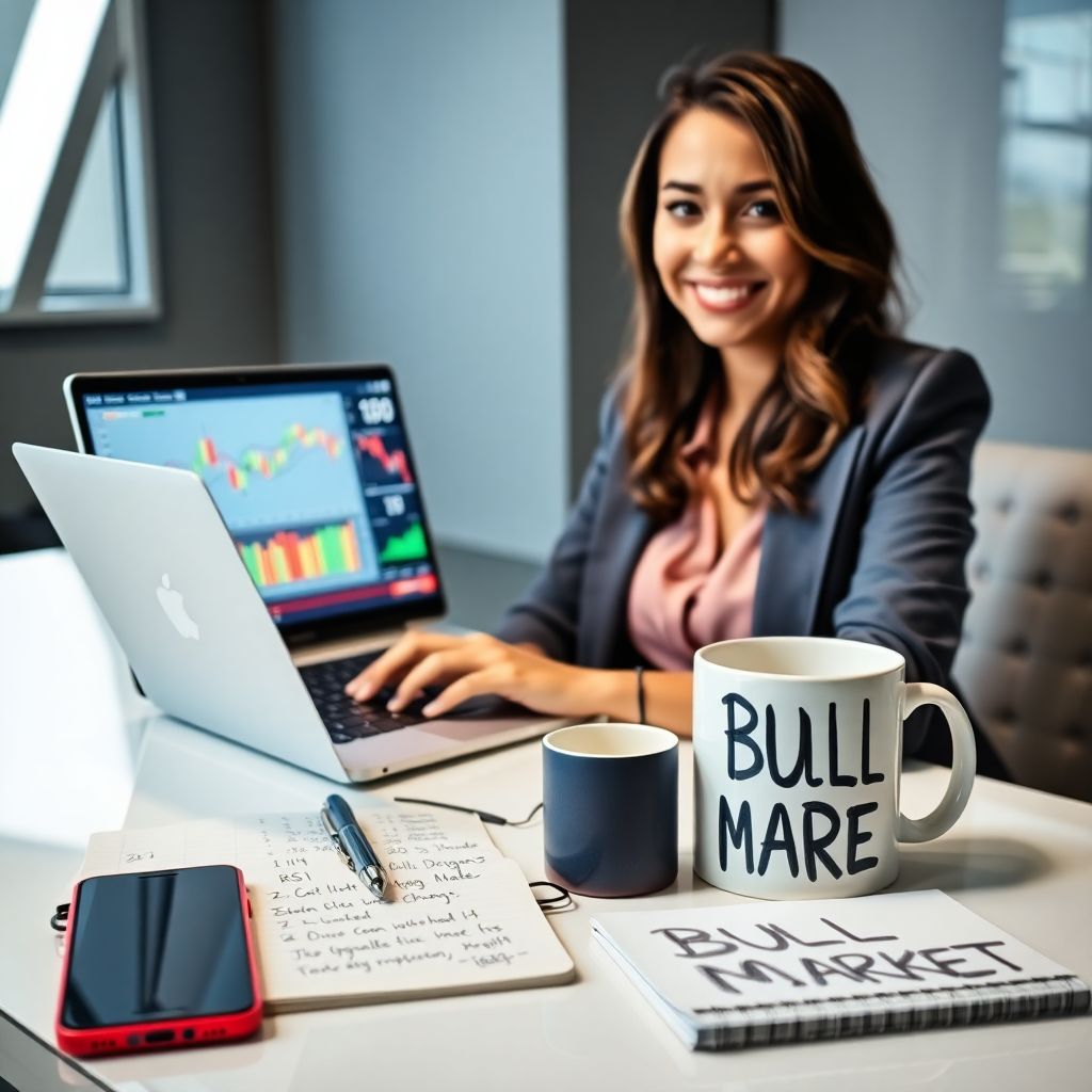 Confident woman analyzing stock charts on laptop for successful trading strategies.