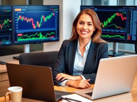 Confident businesswoman analyzing stock market trends on a laptop in a modern office setting, showcasing expertise in trading strategies.