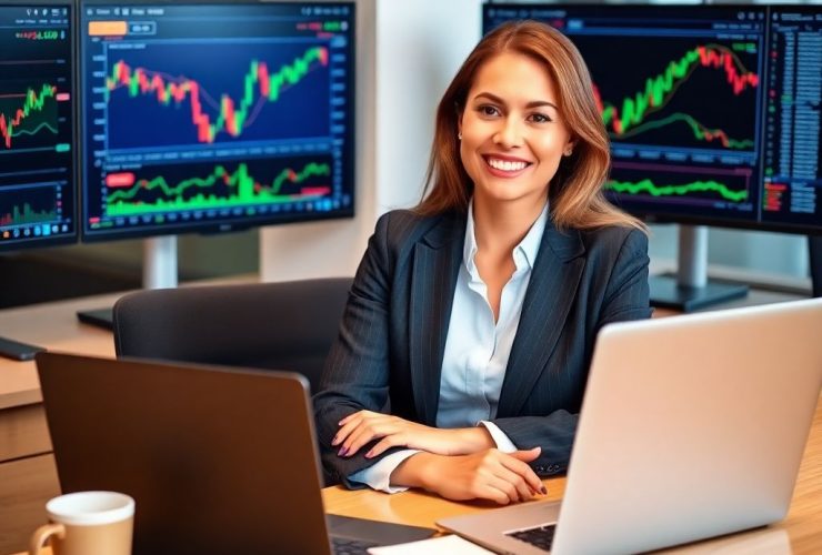 Confident businesswoman analyzing stock market trends on a laptop in a modern office setting, showcasing expertise in trading strategies.