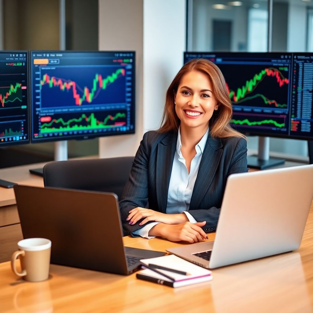 Confident businesswoman analyzing stock market trends on a laptop in a modern office setting, showcasing expertise in trading strategies.