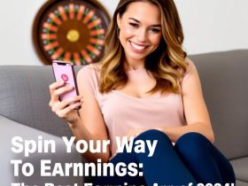 A happy woman using the SpinCoin app on her smartphone to earn money online, with a roulette wheel in the background.