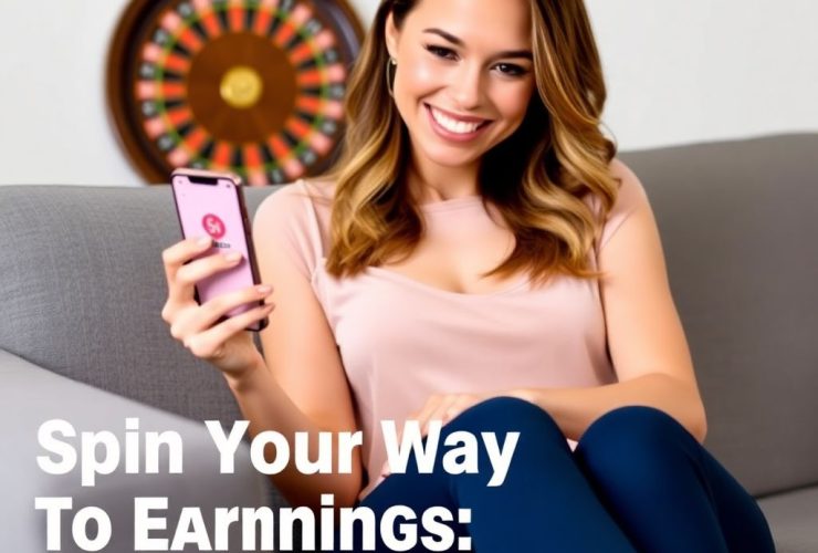 A happy woman using the SpinCoin app on her smartphone to earn money online, with a roulette wheel in the background.