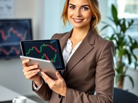 Confident woman analyzing trading charts on a tablet, showcasing effective risk management strategies for traders.