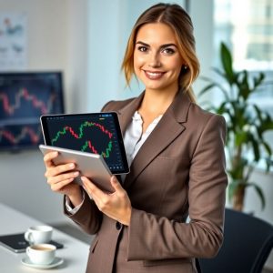 Confident woman analyzing trading charts on a tablet, showcasing effective risk management strategies for traders.