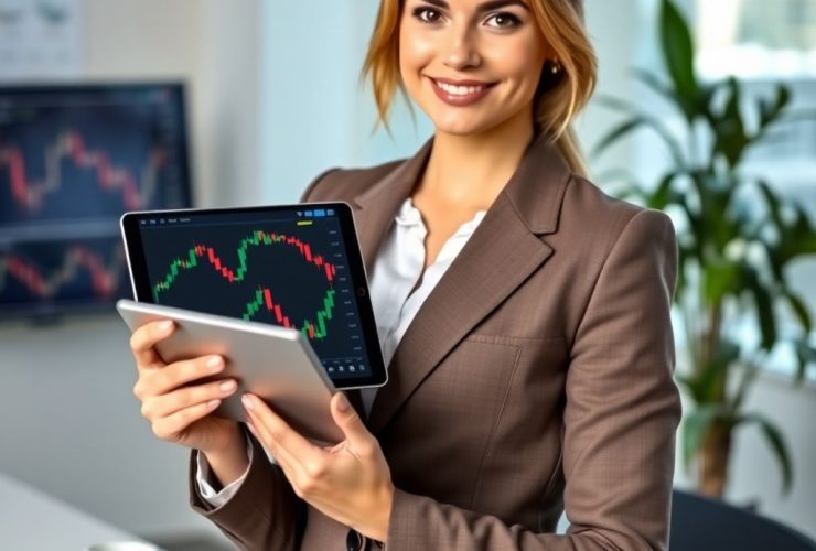 Confident woman analyzing trading charts on a tablet, showcasing effective risk management strategies for traders.