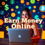 "Smiling woman earning money online with Claimeup.com, featuring cryptocurrency and digital earning elements."