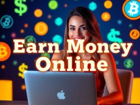 "Smiling woman earning money online with Claimeup.com, featuring cryptocurrency and digital earning elements."