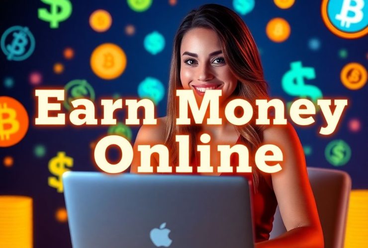 "Smiling woman earning money online with Claimeup.com, featuring cryptocurrency and digital earning elements."