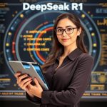 A confident woman interacts with a futuristic AI interface, showcasing the advanced capabilities of DeepSeek R1 in math, coding, and creative tasks.