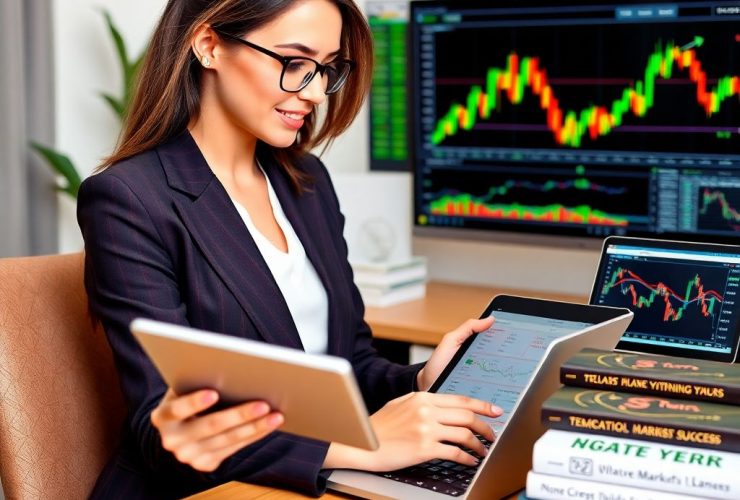 Confident woman mastering stock charts in 2025: Analyzing trends on laptop with financial graphs and trading tools.