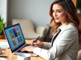 Stylish female freelance graphic designer working on a laptop in a creative workspace, showcasing top 20 freelance graphic design jobs and platforms.