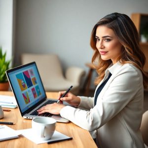 Stylish female freelance graphic designer working on a laptop in a creative workspace, showcasing top 20 freelance graphic design jobs and platforms.