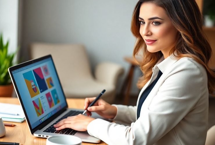 Stylish female freelance graphic designer working on a laptop in a creative workspace, showcasing top 20 freelance graphic design jobs and platforms.