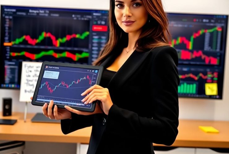 Confident female trader analyzing stock market trends on laptop with risk management strategies visible on screen: stop-loss orders, diversification charts, and risk-reward ratios.