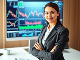 Confident female trading risk manager analyzing stock market charts in a modern office, showcasing expertise in risk management and trading strategies.