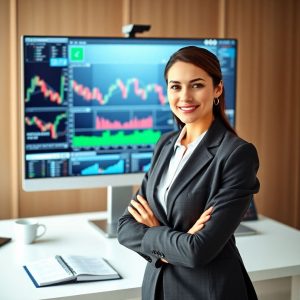 Confident female trading risk manager analyzing stock market charts in a modern office, showcasing expertise in risk management and trading strategies.