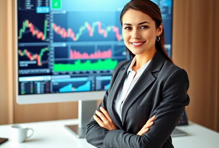 Confident female trading risk manager analyzing stock market charts in a modern office, showcasing expertise in risk management and trading strategies.