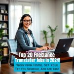 A stylish woman working from home as a freelance translator, smiling confidently at her laptop, with text overlay: 'Unlock Your Dream Job: Top 20 Freelance Translator Jobs in 2024! Work From Home, Set Your Schedule, and Earn Big!