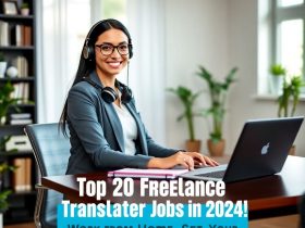 A stylish woman working from home as a freelance translator, smiling confidently at her laptop, with text overlay: 'Unlock Your Dream Job: Top 20 Freelance Translator Jobs in 2024! Work From Home, Set Your Schedule, and Earn Big!