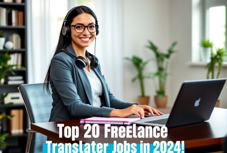 A stylish woman working from home as a freelance translator, smiling confidently at her laptop, with text overlay: 'Unlock Your Dream Job: Top 20 Freelance Translator Jobs in 2024! Work From Home, Set Your Schedule, and Earn Big!