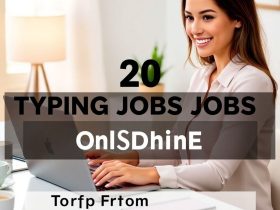 A confident woman working from home, typing on her laptop with a smile. The image promotes the top 20 online typing jobs for 2024, highlighting work-from-home opportunities.