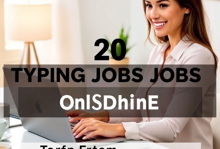 A confident woman working from home, typing on her laptop with a smile. The image promotes the top 20 online typing jobs for 2024, highlighting work-from-home opportunities.